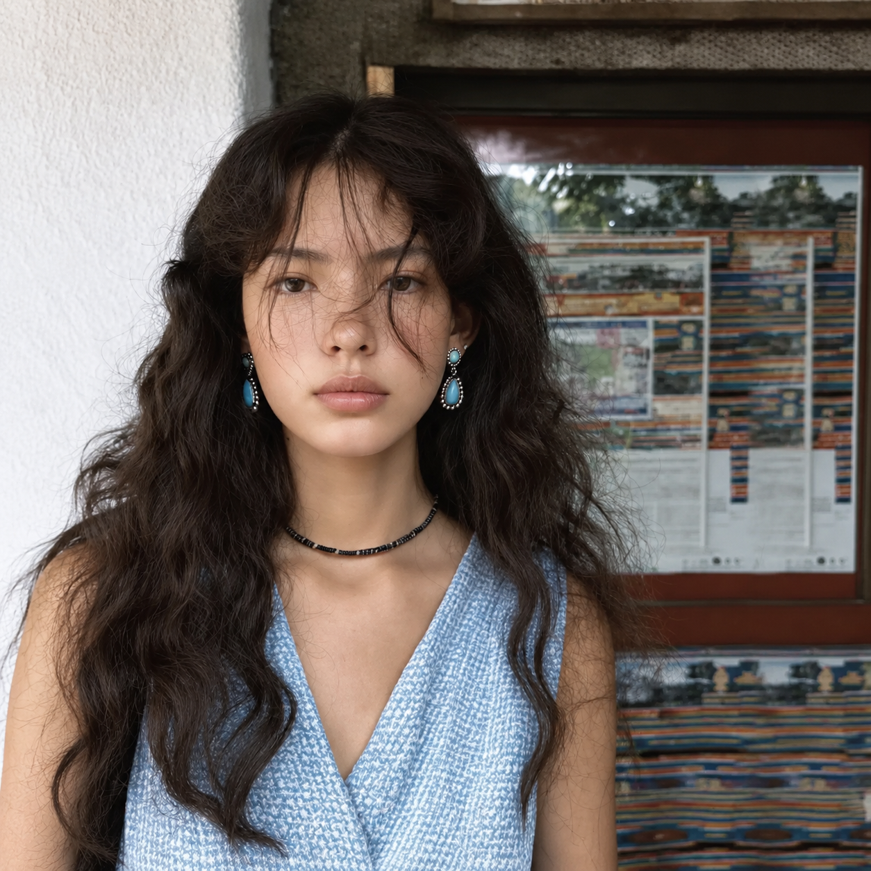 Blue teardrop earrings worn with a light blue patterned top