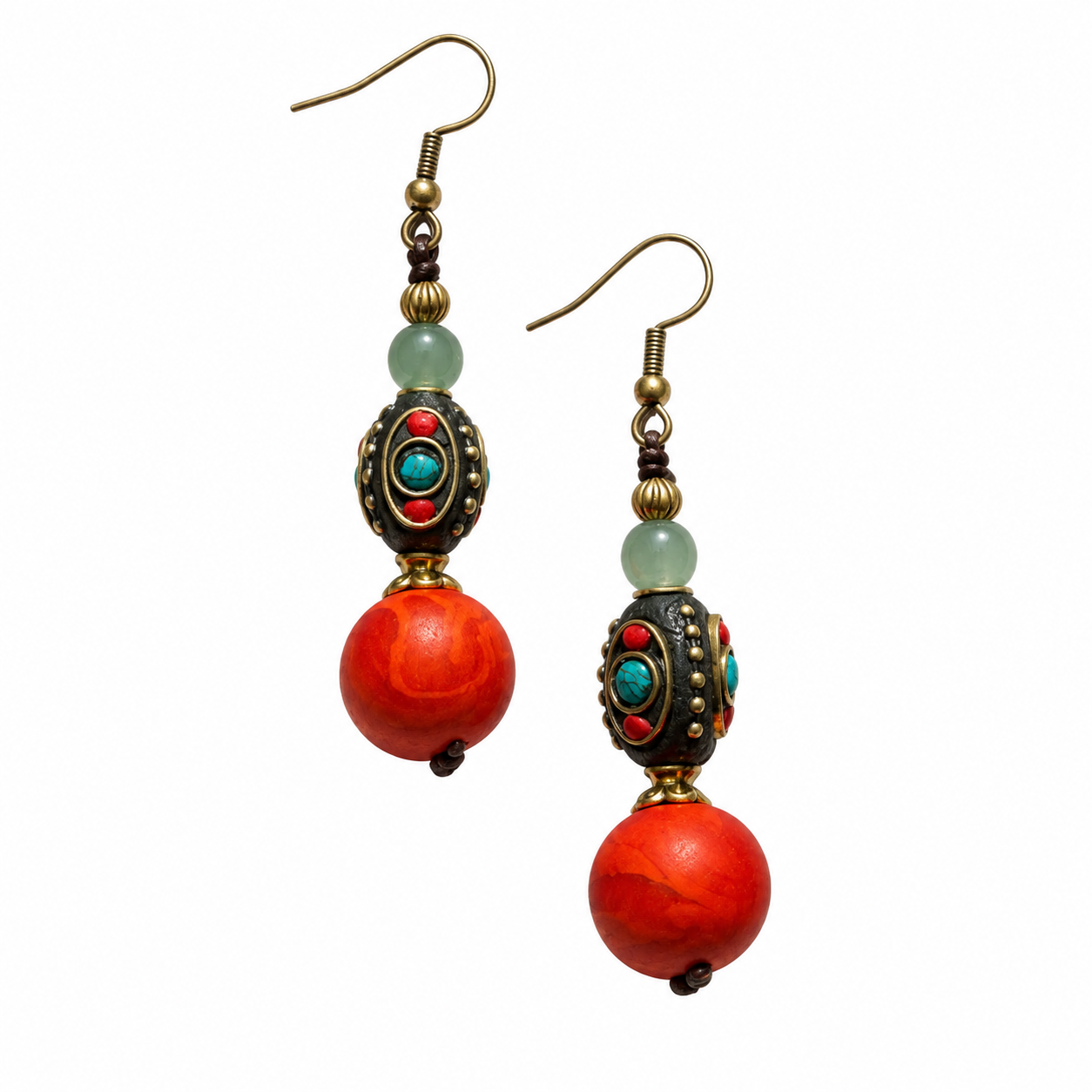 Ember earrings with green accents, ornate patterned beads and orange-red wooden beads