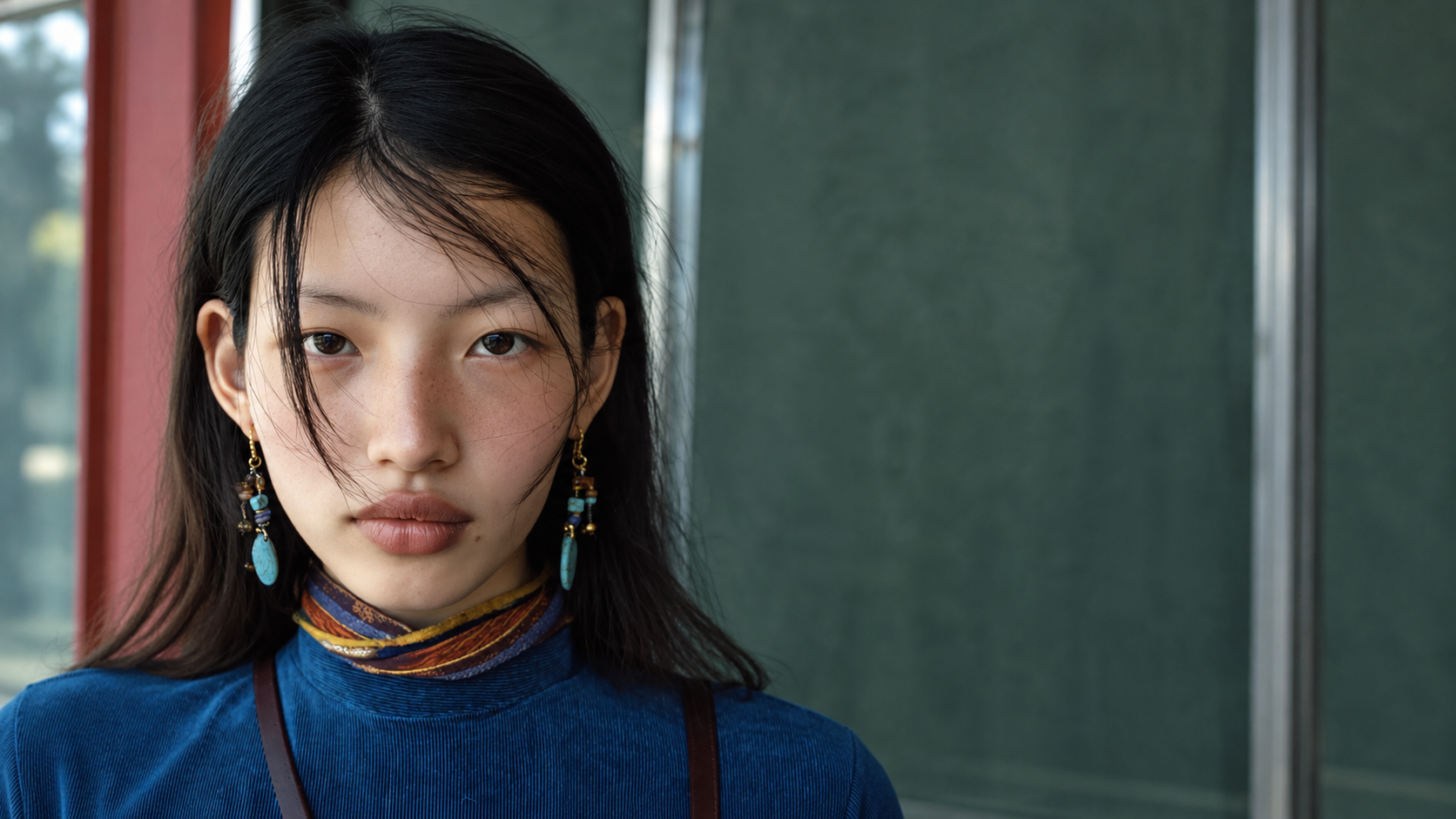 Model wearing blue drop earrings and a blue top beside a deep green wall